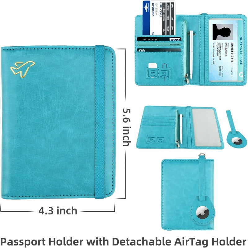 WALNEW AirTag Passport Holder, PU Leather Airtag Wallet RFID Blocking Passport Cover Travel Essentials Case for Women Men (Light Blue) - Image 4